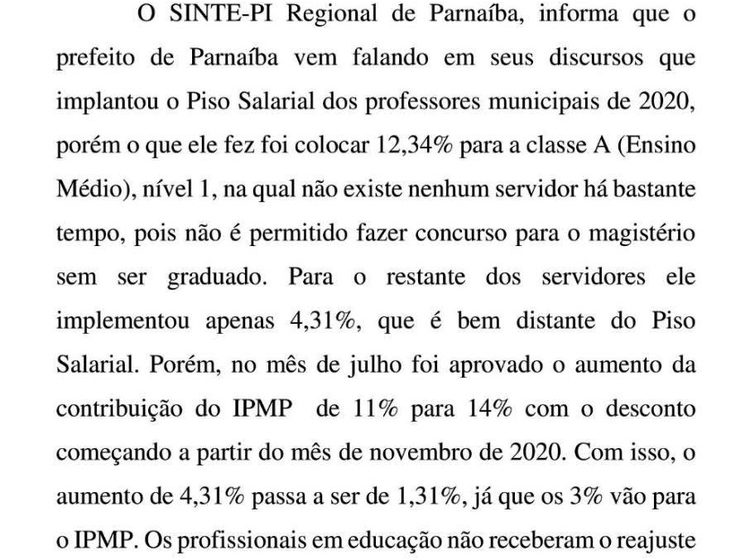  Sindicato dos professores de Parnaíba desmente Mão Santa sobre aumento salarial